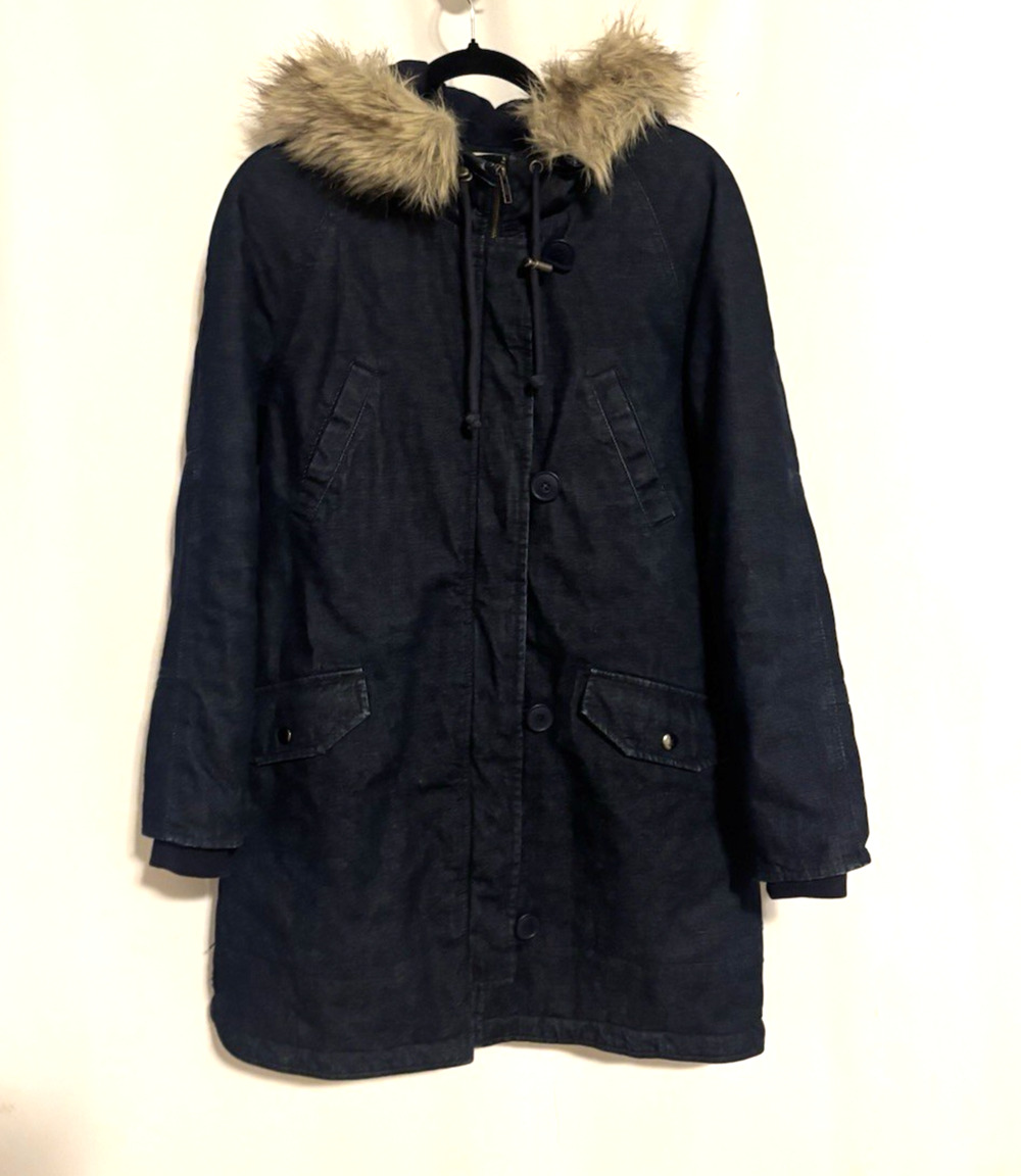 Madewell Denim Parka Coat XS Womens Jacket Blue Faux fur Hoodie Insulated